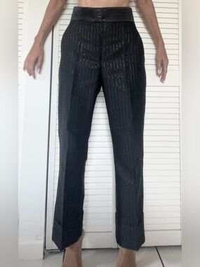 ALBERTA FERRETTI High Waisted Pressed Crease Pinstripe Pants 4" Cuffed Black 6